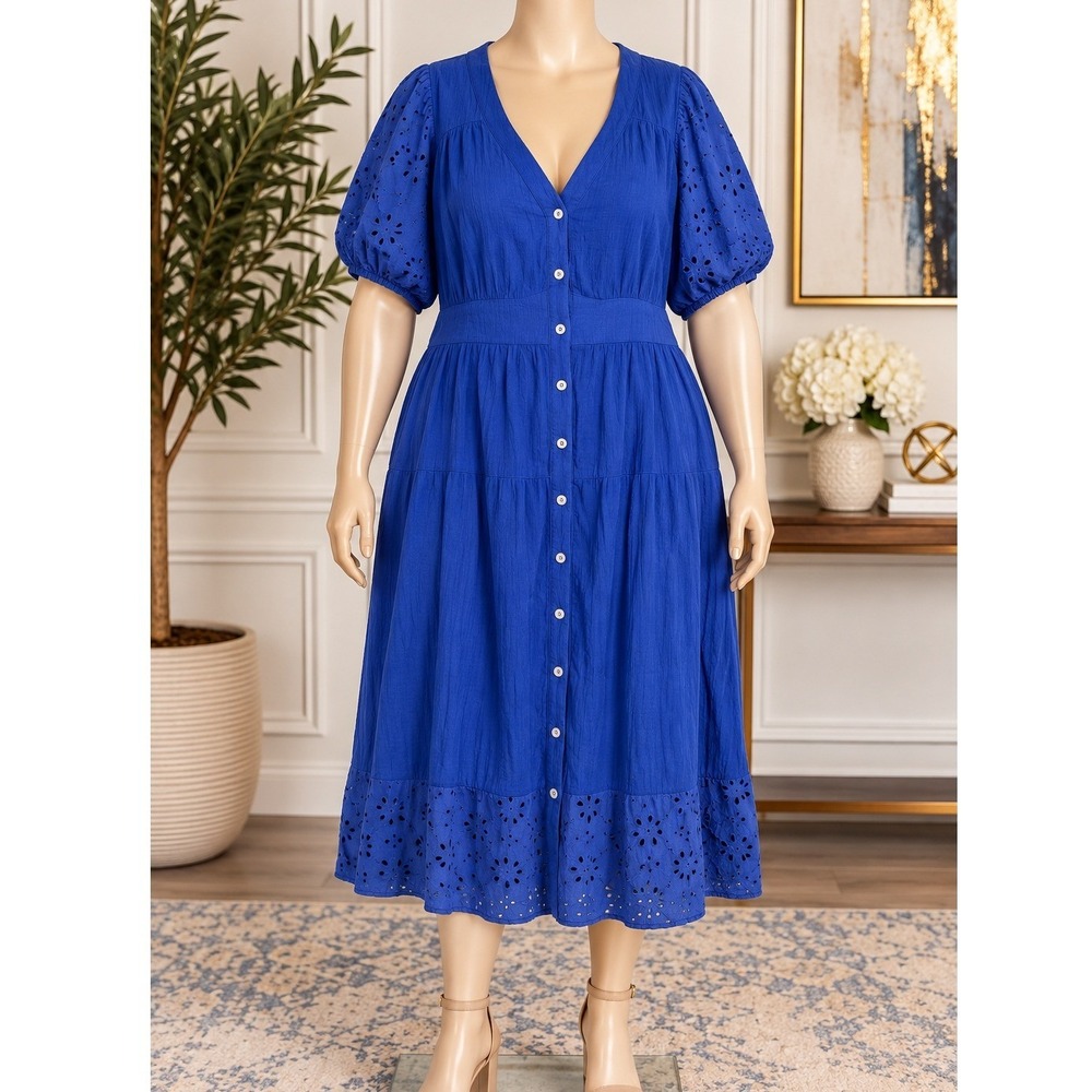 Knox Rose Womens Dress Blue Eyelet Embroidery Puff Sleeve Button Front 3X